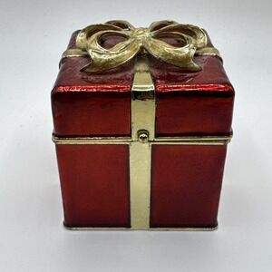 Christmas Gift Box Shaped Red Enamel Gold‎ Tone Trinket Box - Marked - Medium